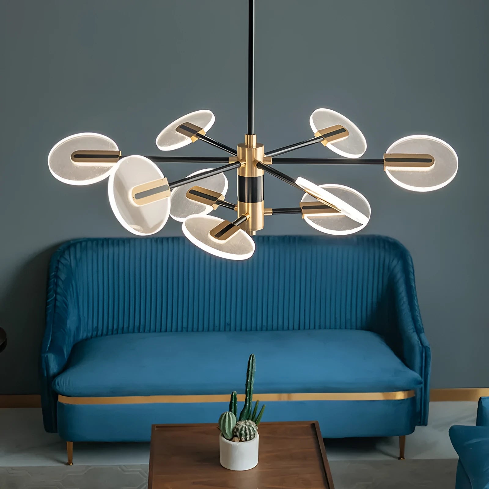 Nordic iron and acrylic LED chandelier pendant lamp with multiple light heads.