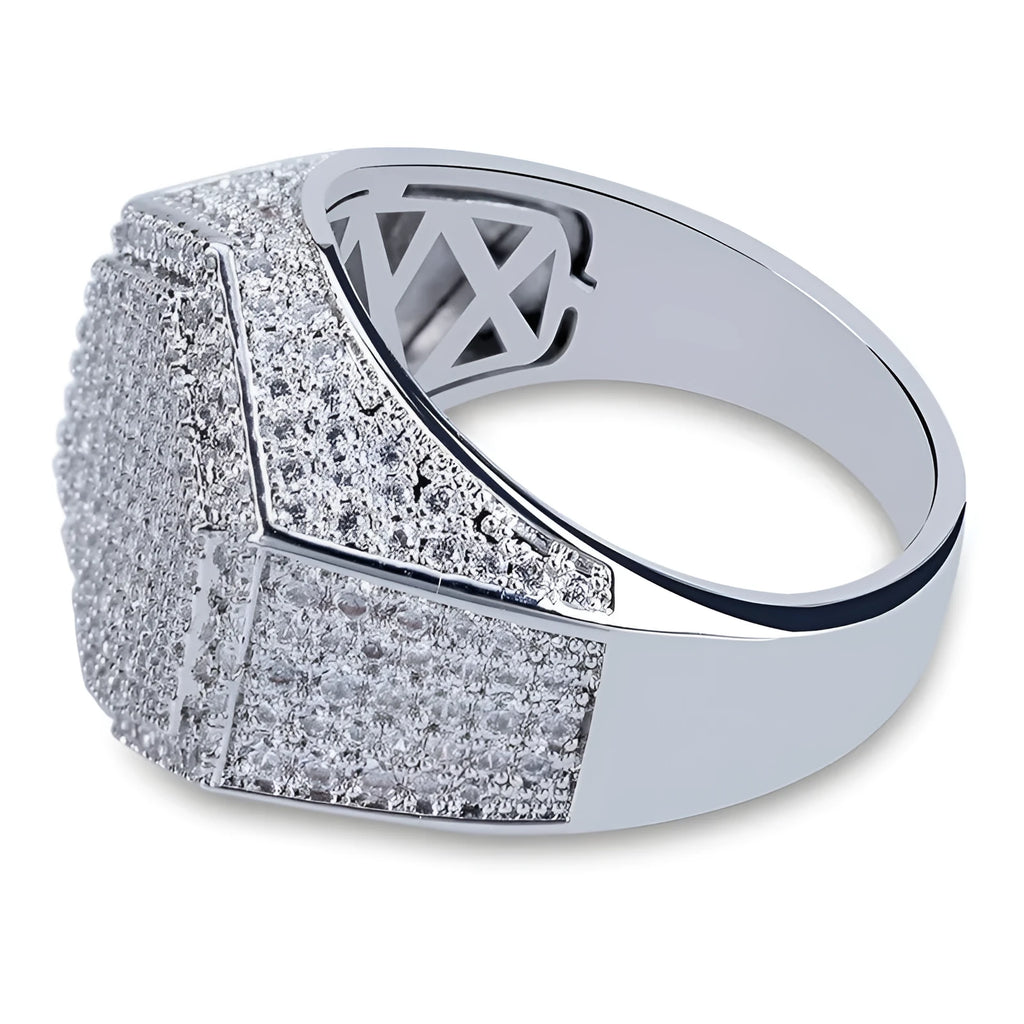 Square hip hop ring with micro pave CZ stones in silver colour on hand