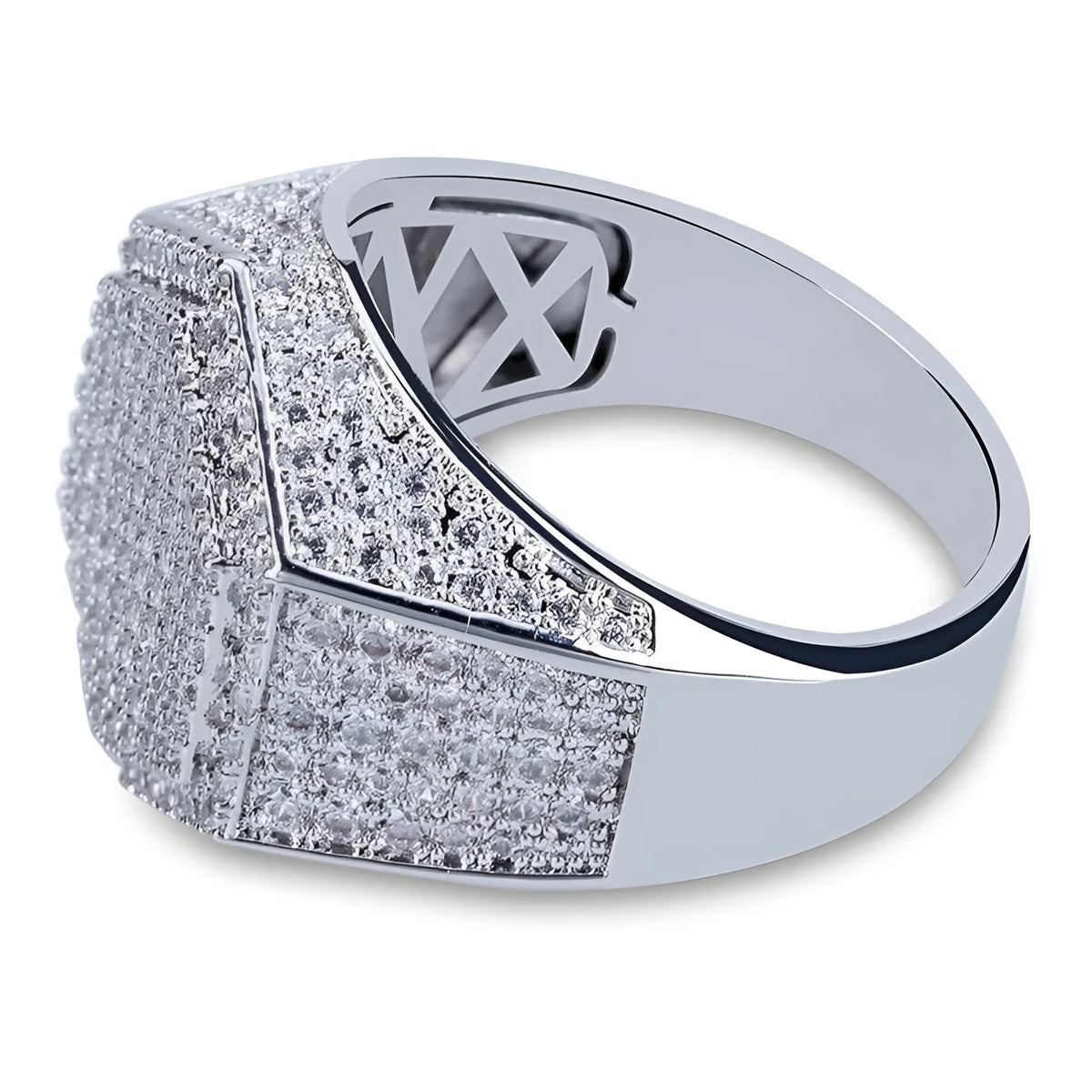 Square hip hop ring with micro pave CZ stones in silver colour on hand