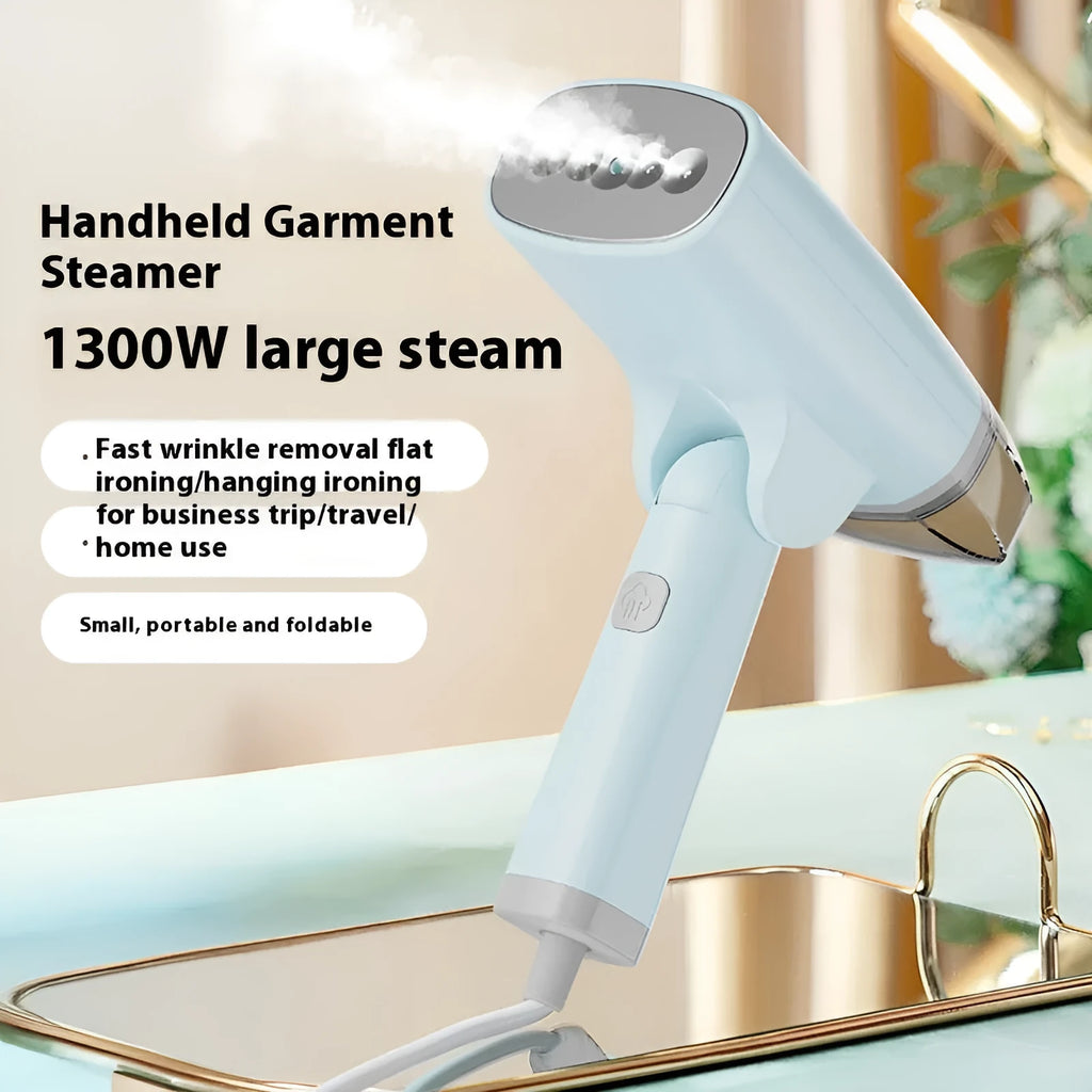 Blue and white handheld garment steamer with steam iron function, showing compact size and water tank
