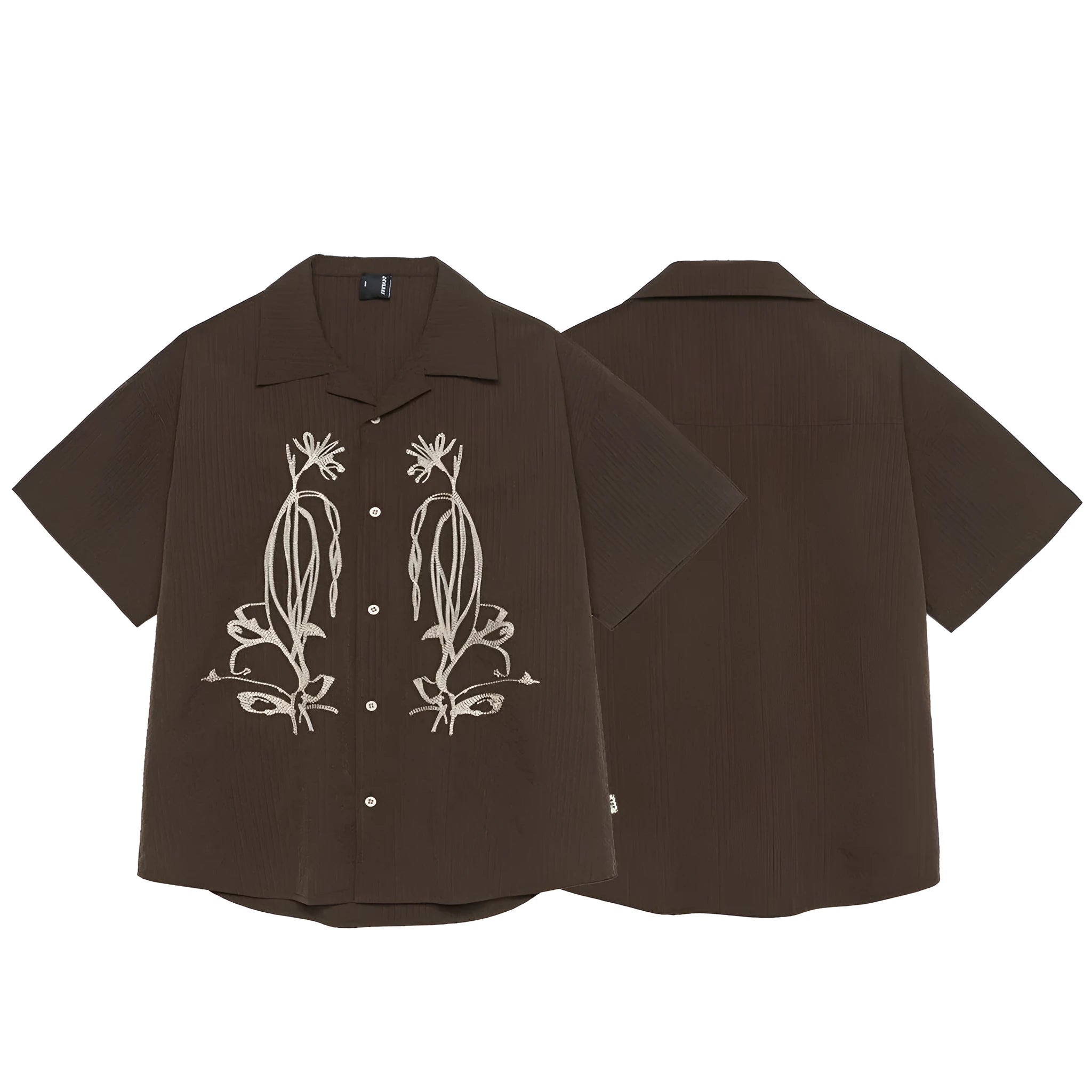 Men's brown striped Cuban collar short sleeve shirt for outdoor camping.