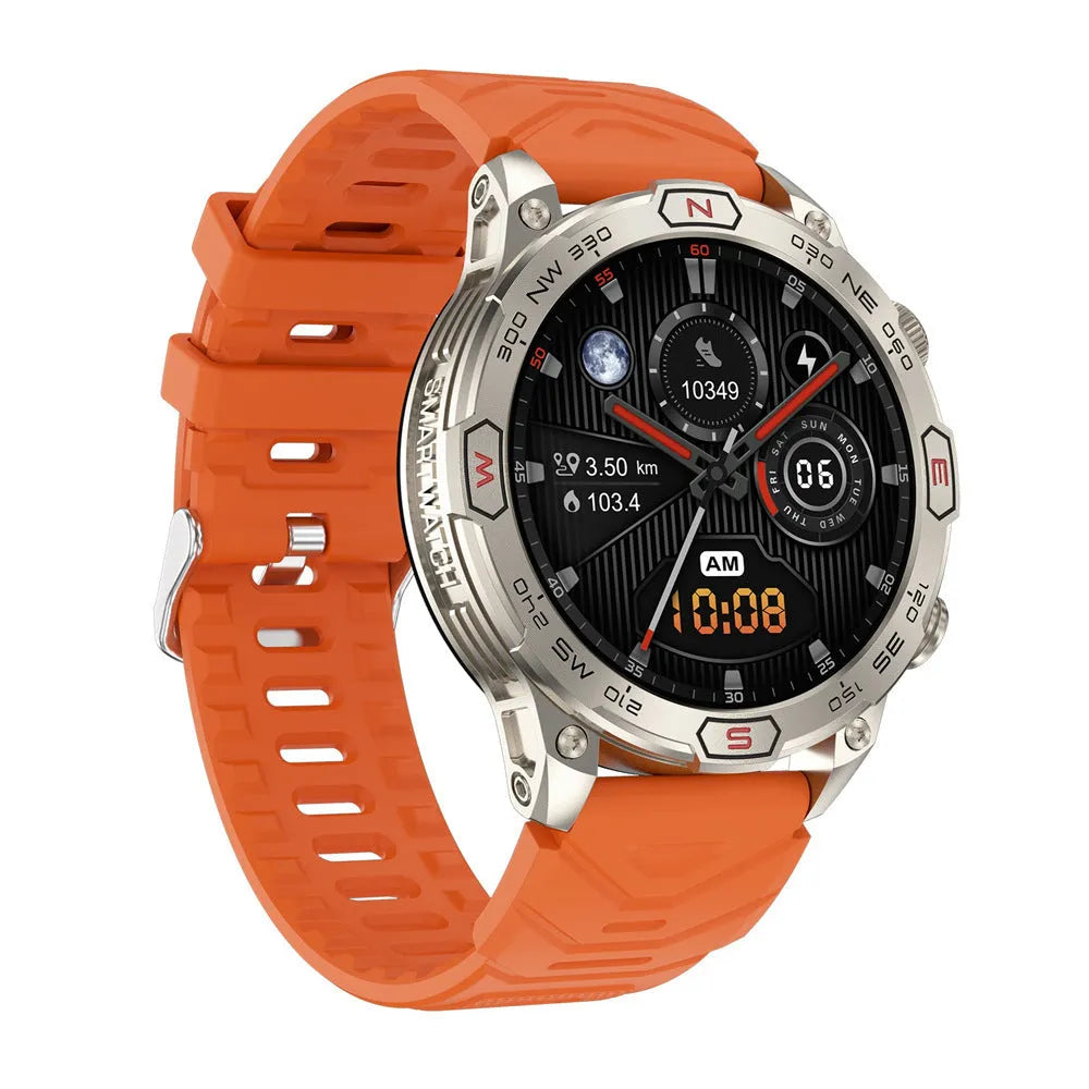 Black sports smartwatch with AMOLED screen on a silicone strap, showing fitness stats.