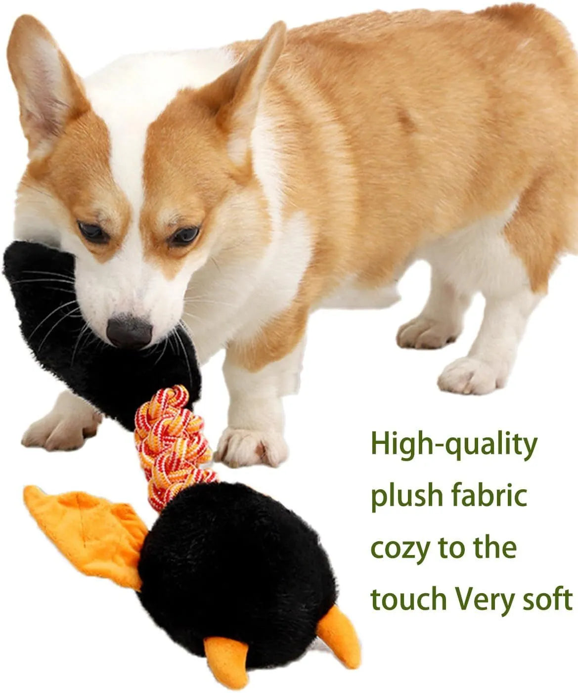 Large black plush dog toy with cartoon shape, rope knot, and squeaker for aggressive chewers.