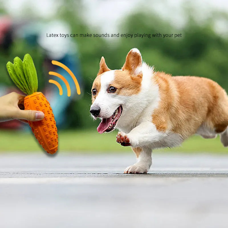 Orange carrot-shaped dog chew toy with rubber and plush texture, 21cm long, suitable for all breeds
