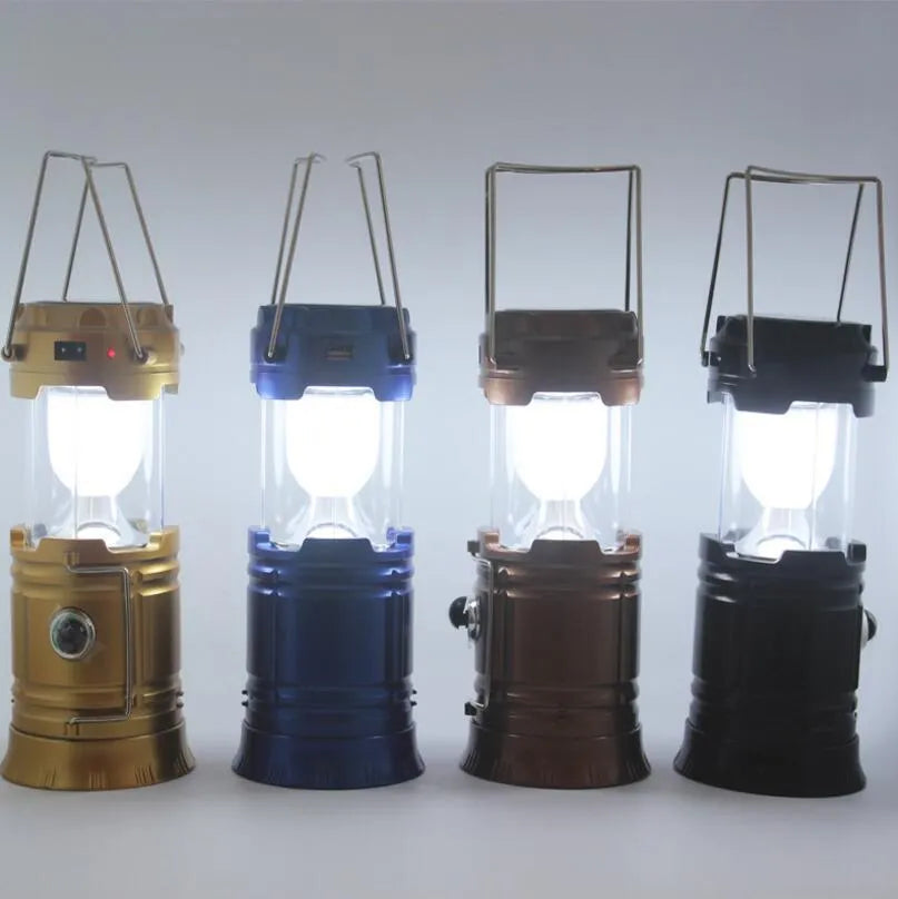 LED solar camping lantern collapsible with reflective lenses and rubber handle, 9x13x7.5cm, water resistant ABS construction