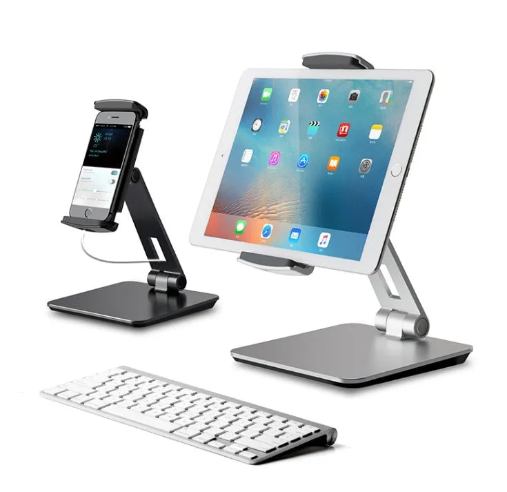 Folding desktop phone tablet holder with 360° rotation in silver colour