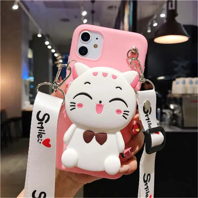 Cartoon camouflage silicone wallet case for Huawei phones in six colour options on a table