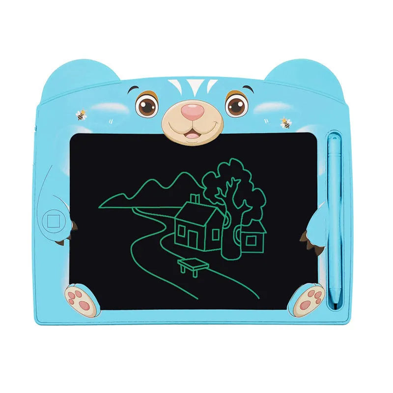 Cartoon children's LCD handwriting drawing board in sky blue, showing a doodle on the 230mm screen with stylus