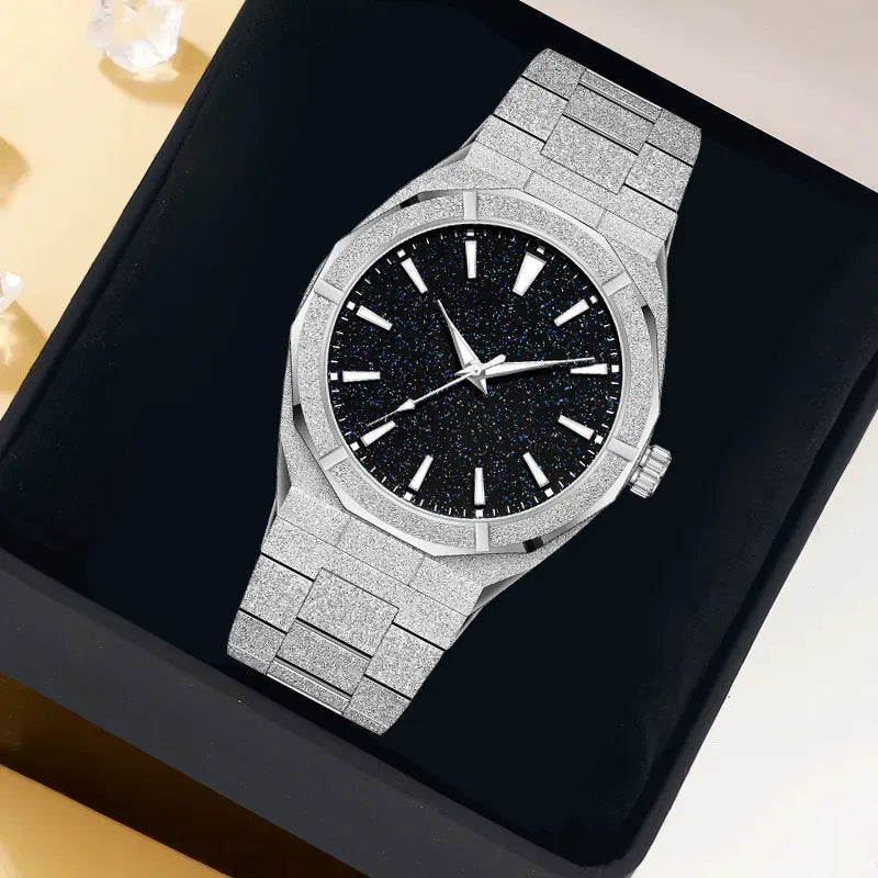 Men's stainless steel business watch with frosted case and luminous markers in silver, gold or black