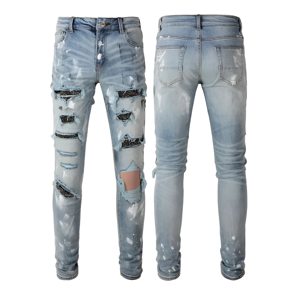 Blue denim stretch retro ripped diamond jeans for men with diamond pattern tears, front view