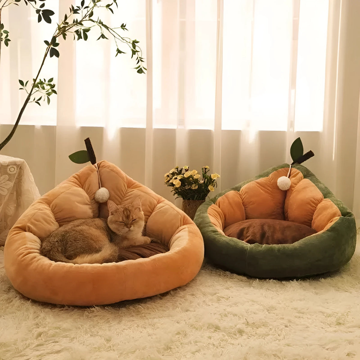 Coffee-coloured cotton pet bed for small medium cats and dogs with padded walls