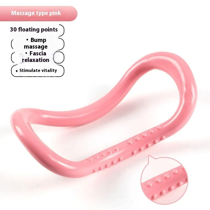 Yoga four piece fitness set showing leg stretcher, foot pedal, yoga ring, and figure eight tension rope