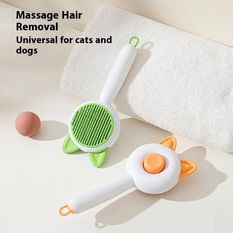 Self-cleaning cat grooming brush with stainless steel teeth and TPR massage nodes in two-tone colours