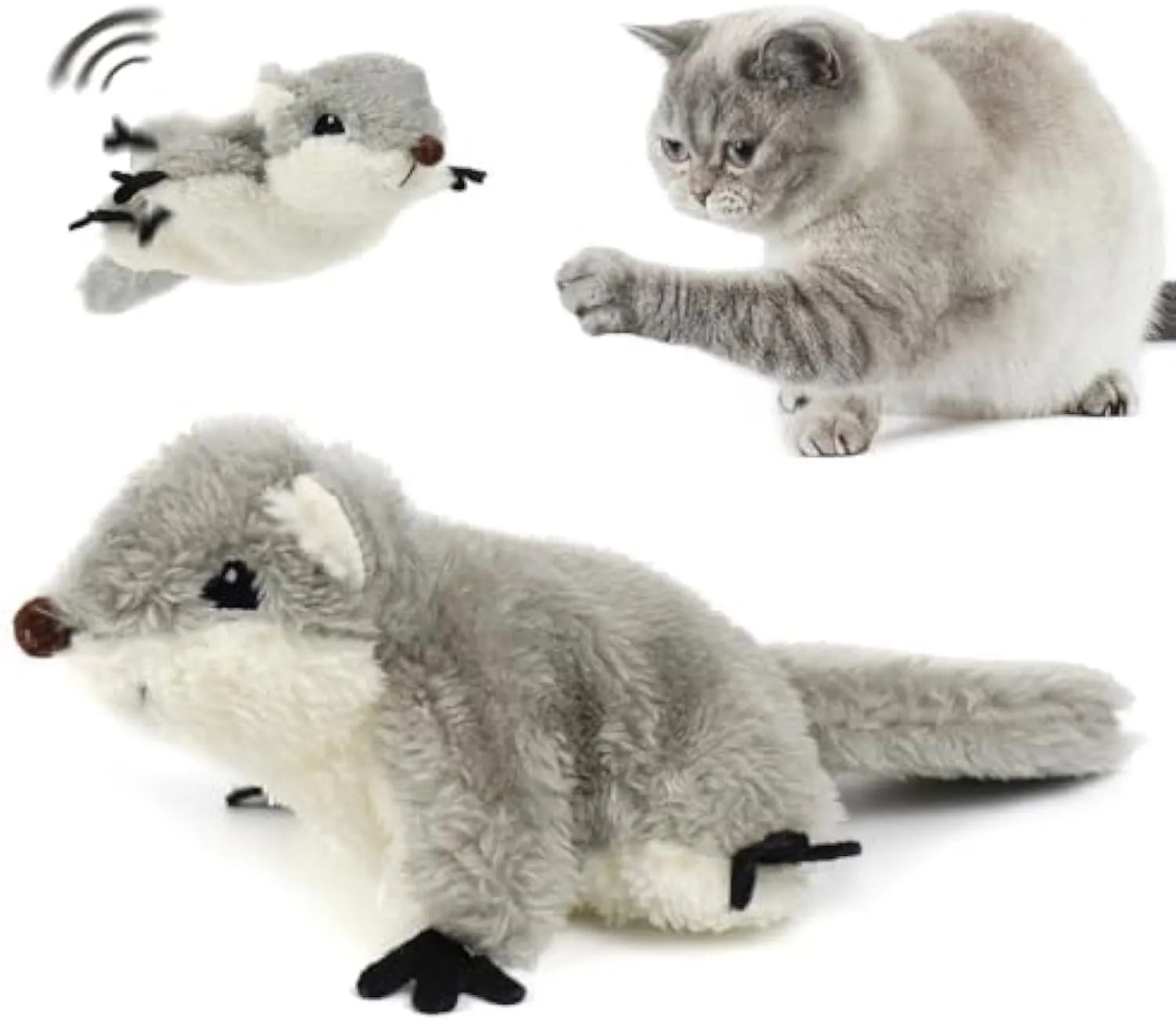 Grey plush squirrel cat toy with flapping wings showing touch-activated motion mechanism