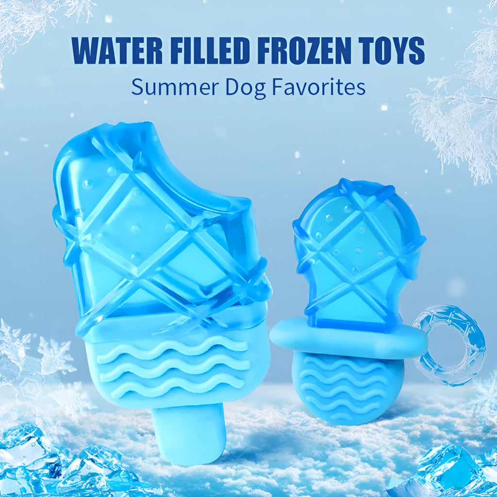 Set of three water-filled ice cold dog toys: pacifier, popsicle and ring styles for summer cooling