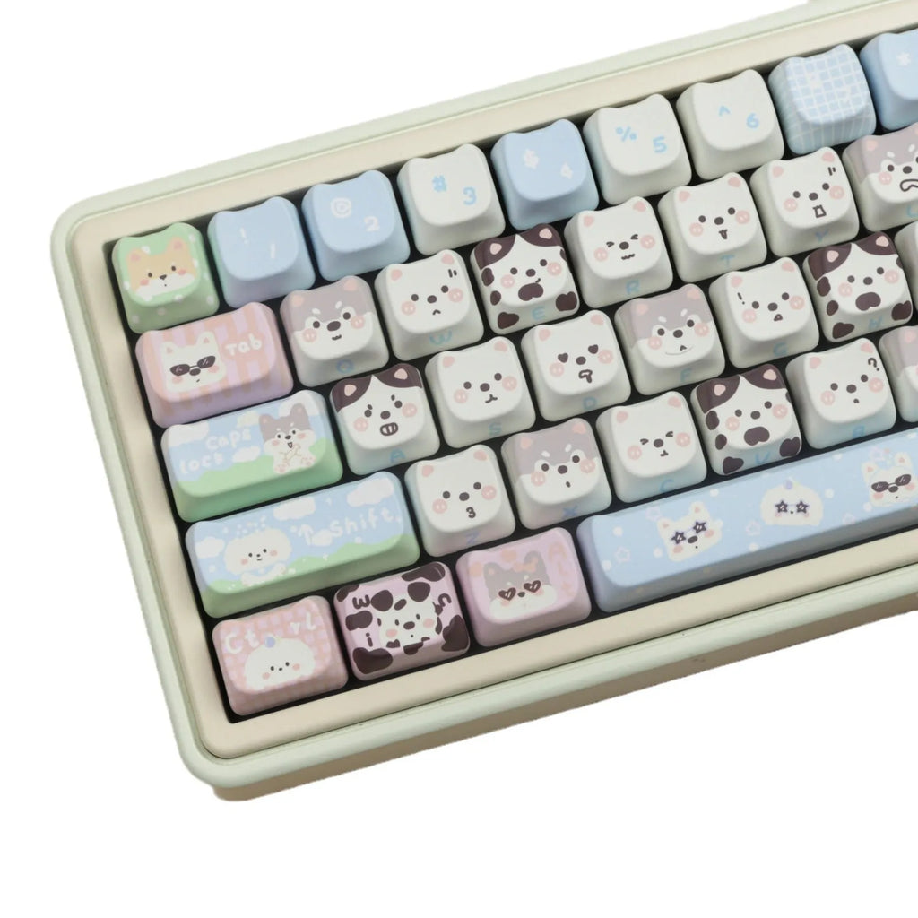 PBT key cap set with cat and puppy sublimation designs for mechanical keyboard customisation