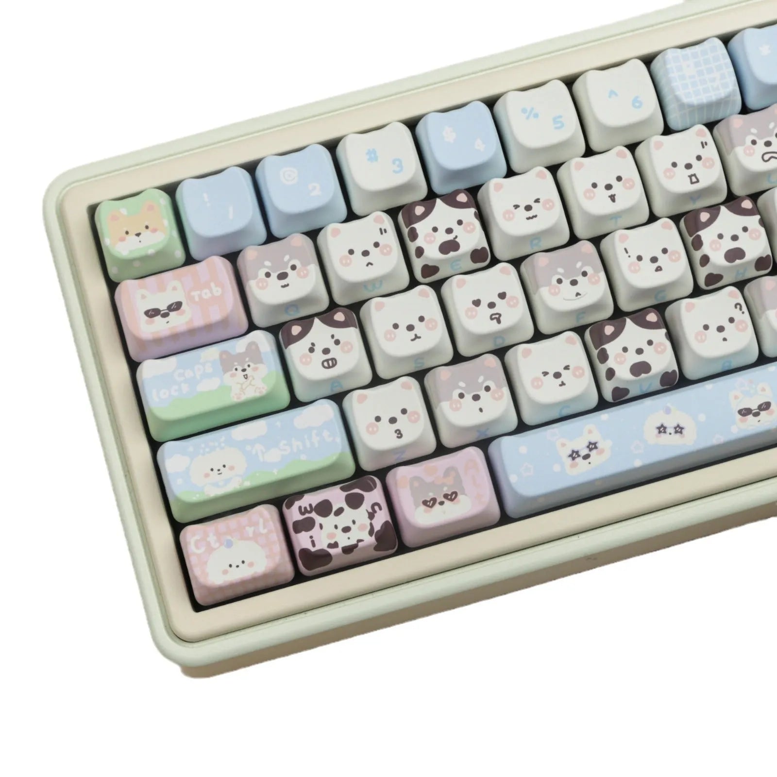 PBT key cap set with cat and puppy sublimation designs for mechanical keyboard customisation