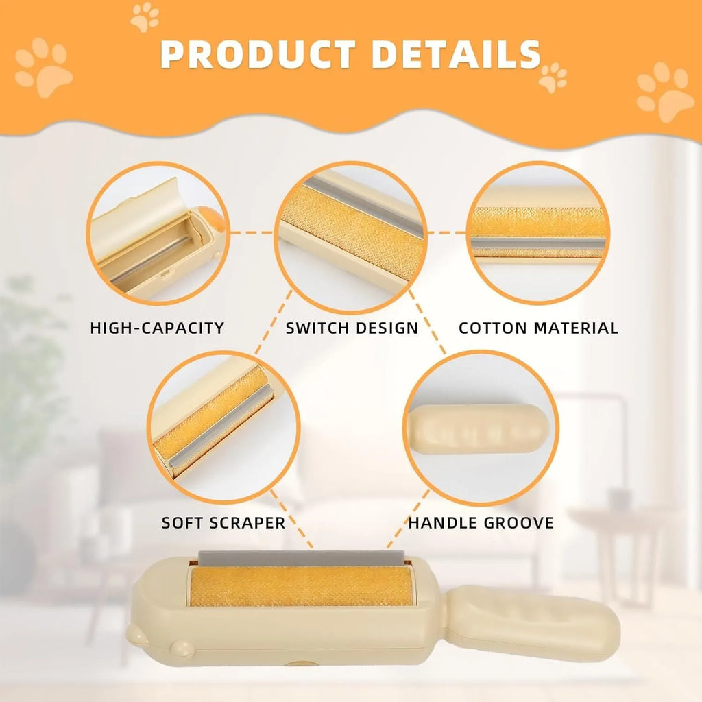 Blue reusable pet hair remover roller with self-cleaning base for furniture and car seats.