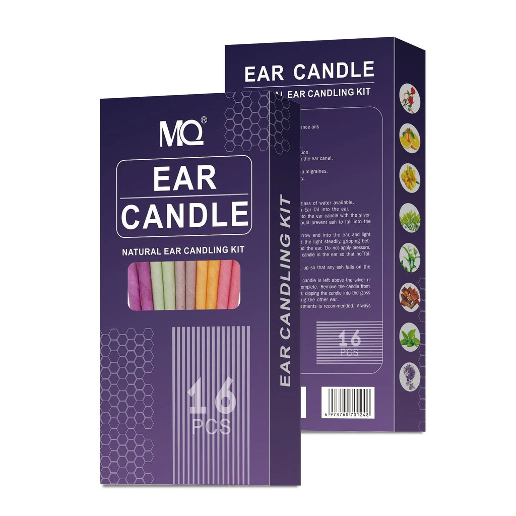 MQ Horn ear candle health massage kit showing cotton candles, protection boards, and swabs in assorted colours.