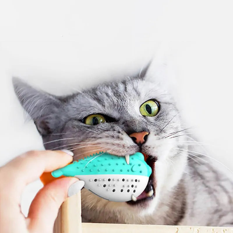 Silicone fish chew toy for cats in blue, green, pink or yellow colour options