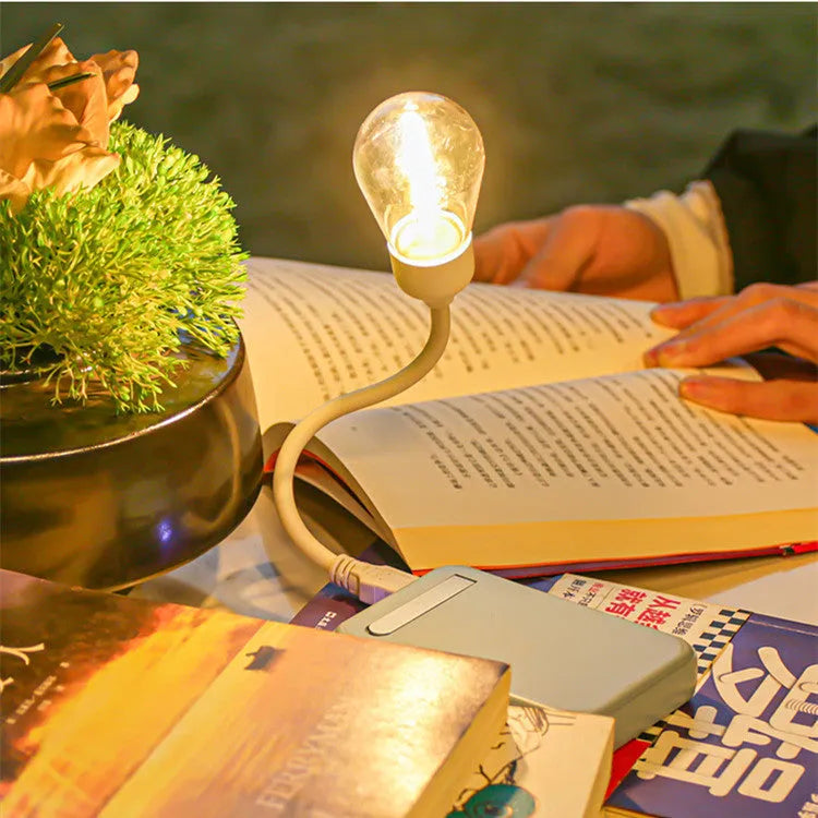 USB rechargeable folding night light with tungsten filament LED bulb in folded and unfolded positions