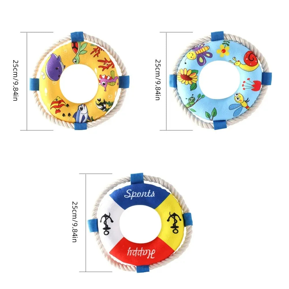 Blue dog pull ring made from soft plush with squeaker, 25cm diameter