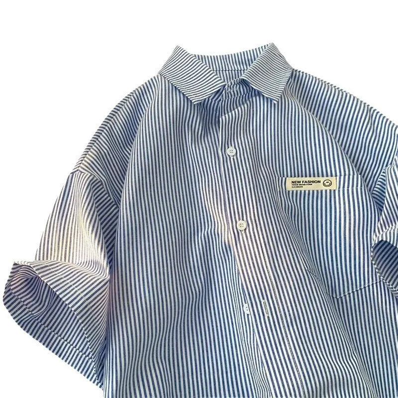 Blue and green striped loose fit polyester shirt with half sleeves