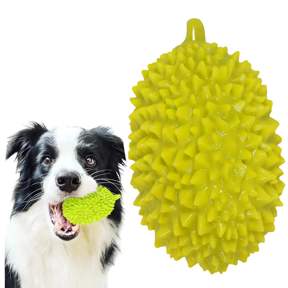 Durian-shaped milk-flavoured dog chew toy in beige with raised bumps for teeth cleaning and a bonus ball