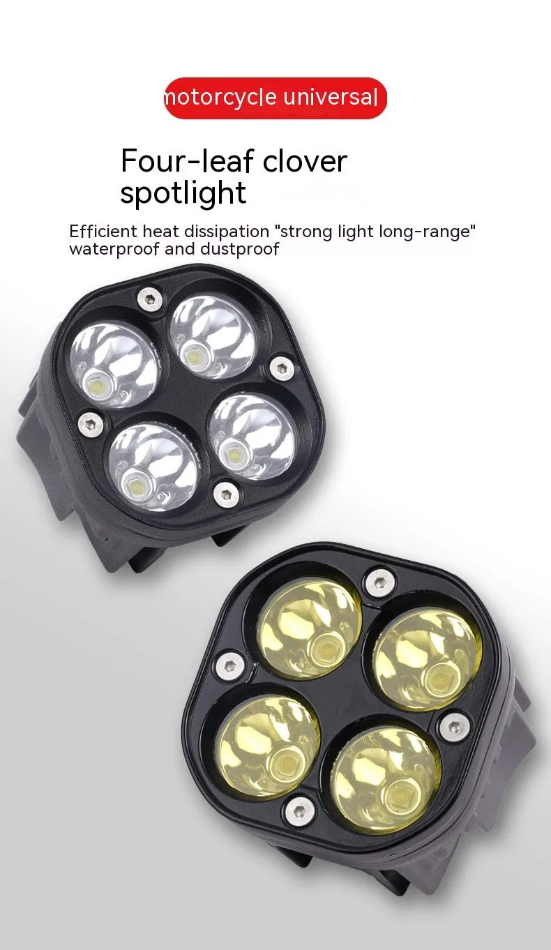 Four-eye vehicle headlight spotlight with aluminium mounting base in white or yellow light options