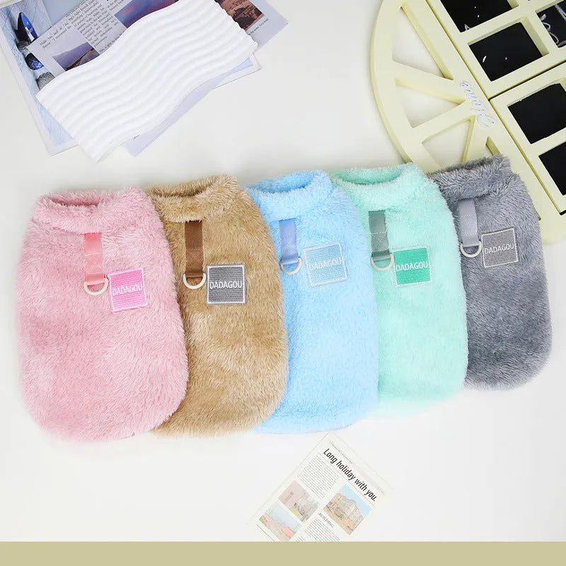 Coral fleece pet jacket with five-colour pull rings in blue, sizes S to XXL