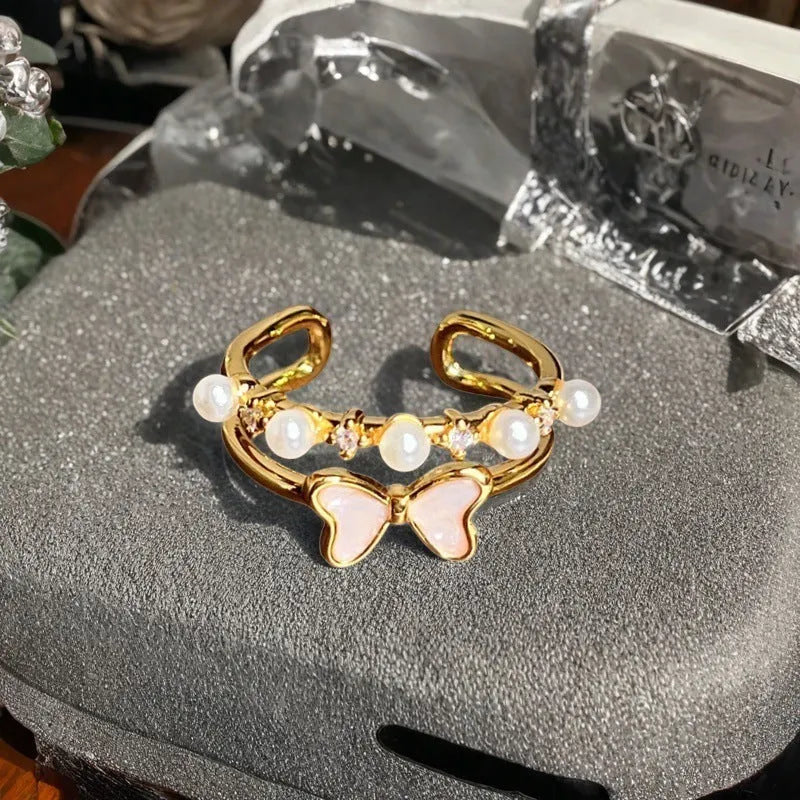 Copper gourd flower bow ring with vintage oil dripping effect and adjustable opening for women