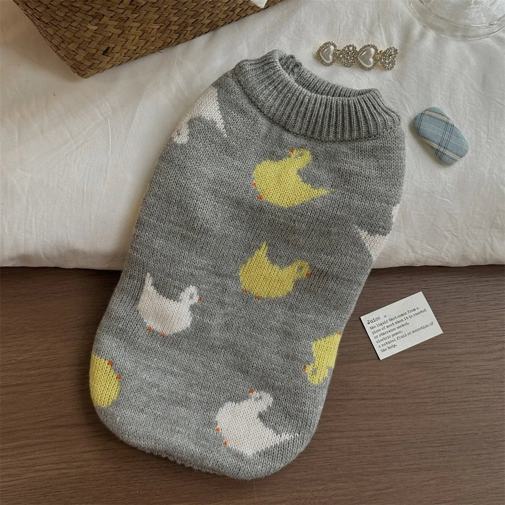 Grey Fair Isle polyester sweater for little dogs and teddy breeds, autumn winter pet clothing