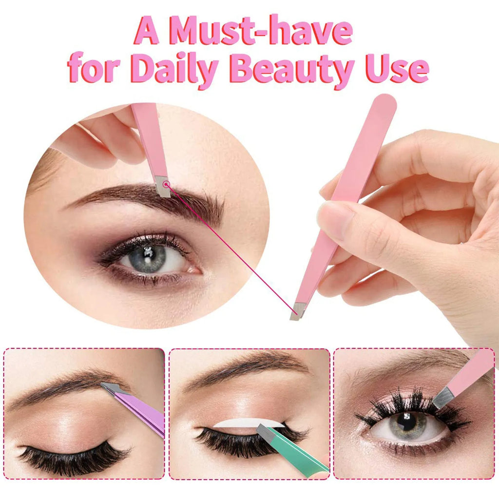 Professional stainless steel eyebrow tweezer set with curved scissors in a leather case