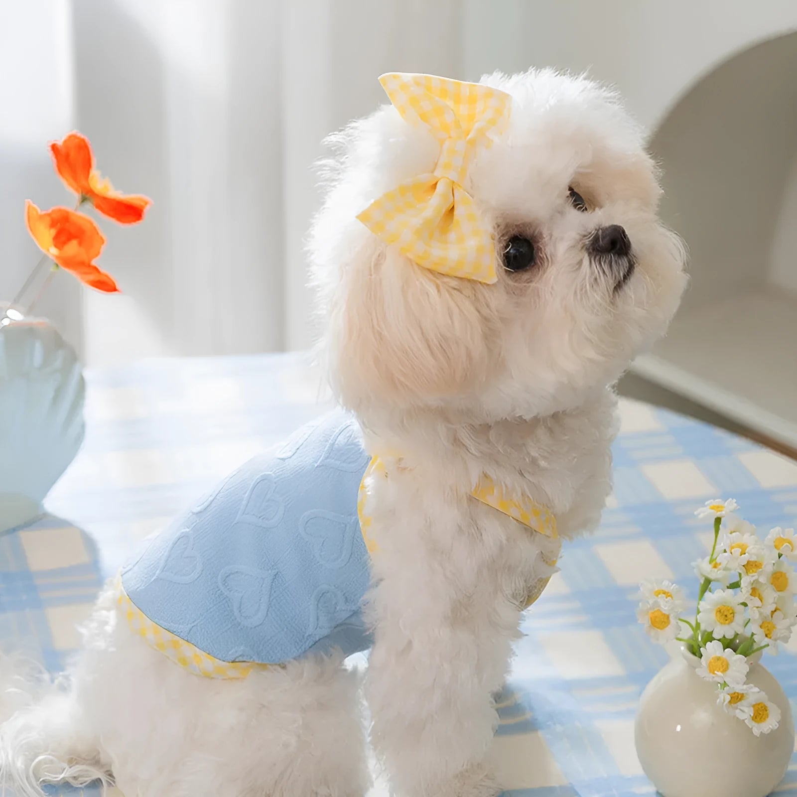 Small dog wearing blue vest with heart texture bow suspenders, elastic construction, casual pet clothing