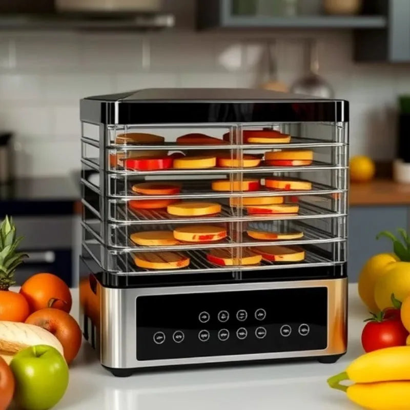 Silver stainless steel fruit dehydrator with 14L capacity and adjustable temperature control