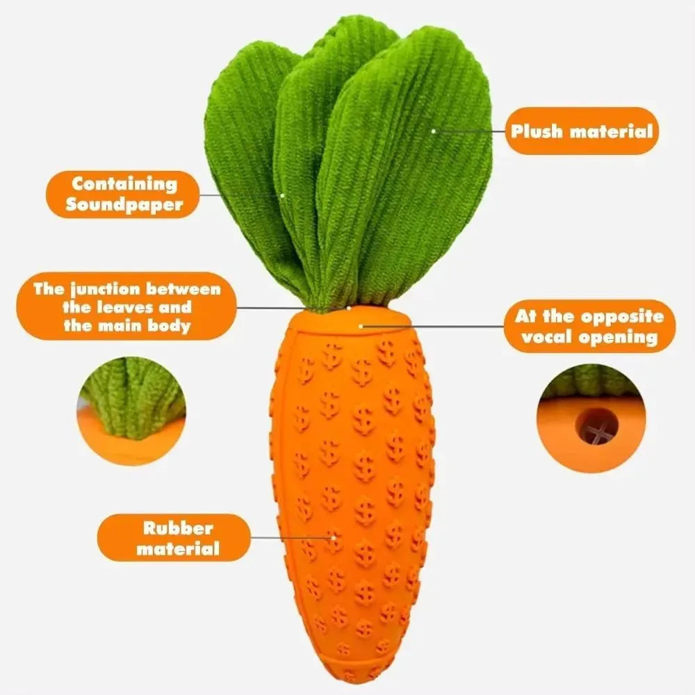 Orange carrot-shaped dog chew toy with rubber and plush texture, 21cm long, suitable for all breeds