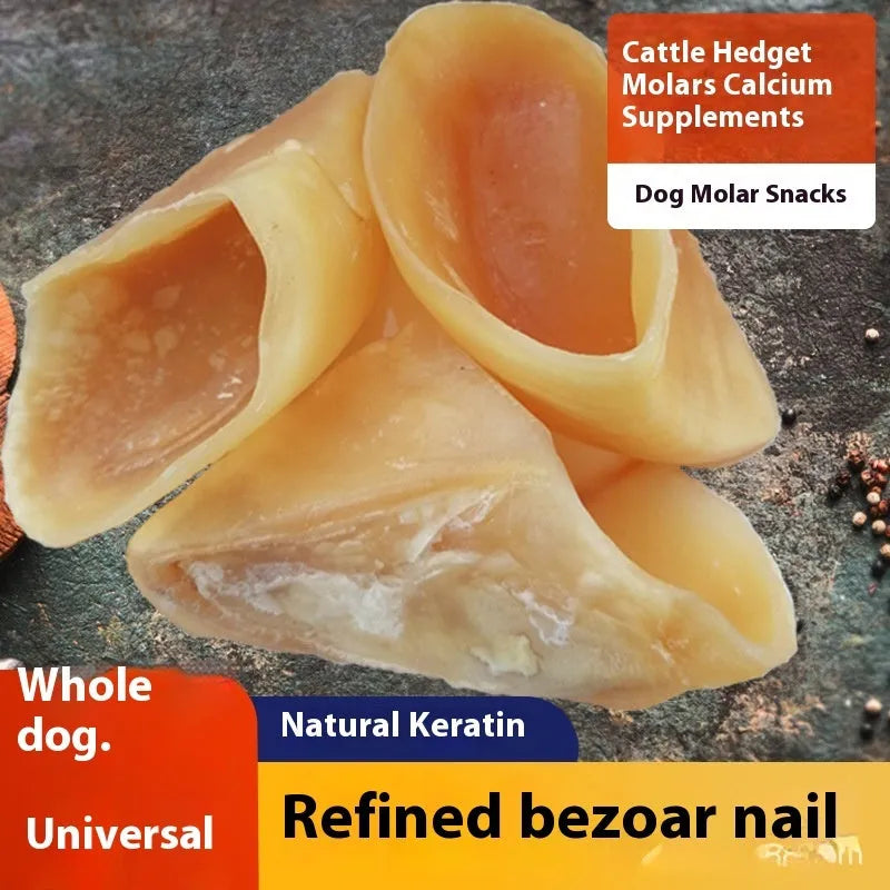 Natural cowhide dog chew with hoof shell attached, showing small and large size options