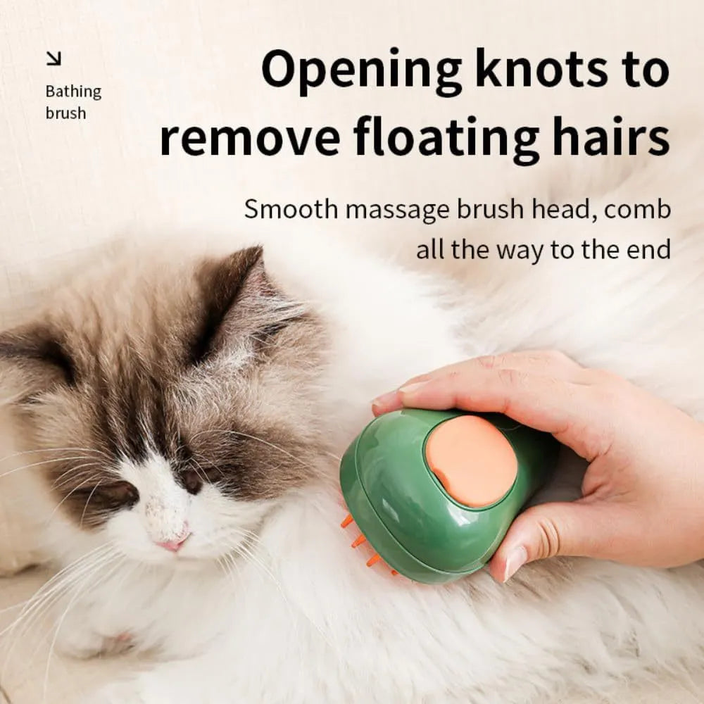 Green and white cat steam brush with silicone bristles showing water tank and compact 11cm design
