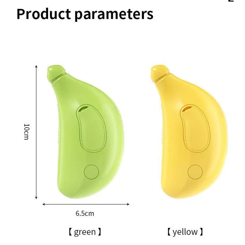 Green rechargeable cat steam brush with silicone teeth showing cat paw-shaped ends and compact 10x6.5cm design