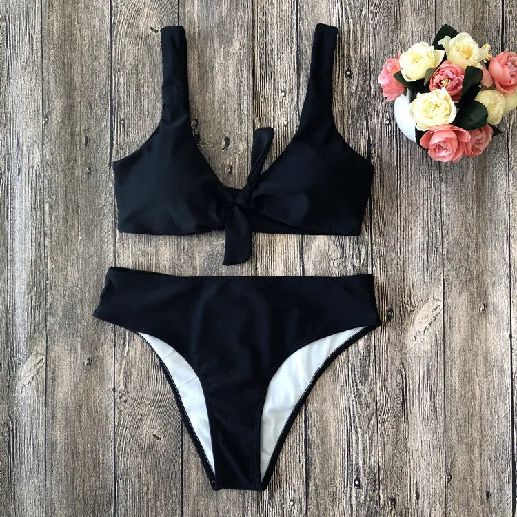 Pure colour bikini swimsuit set in black, pink, red, white, or wine red with traditional two-piece design