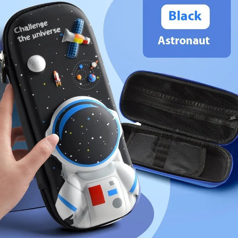 3D leather pencil case with embossed astronaut rocket pattern on surface