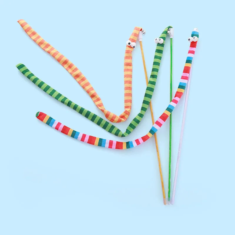 Long cat wand toy with a colourful plush strip and bell for interactive play with cats