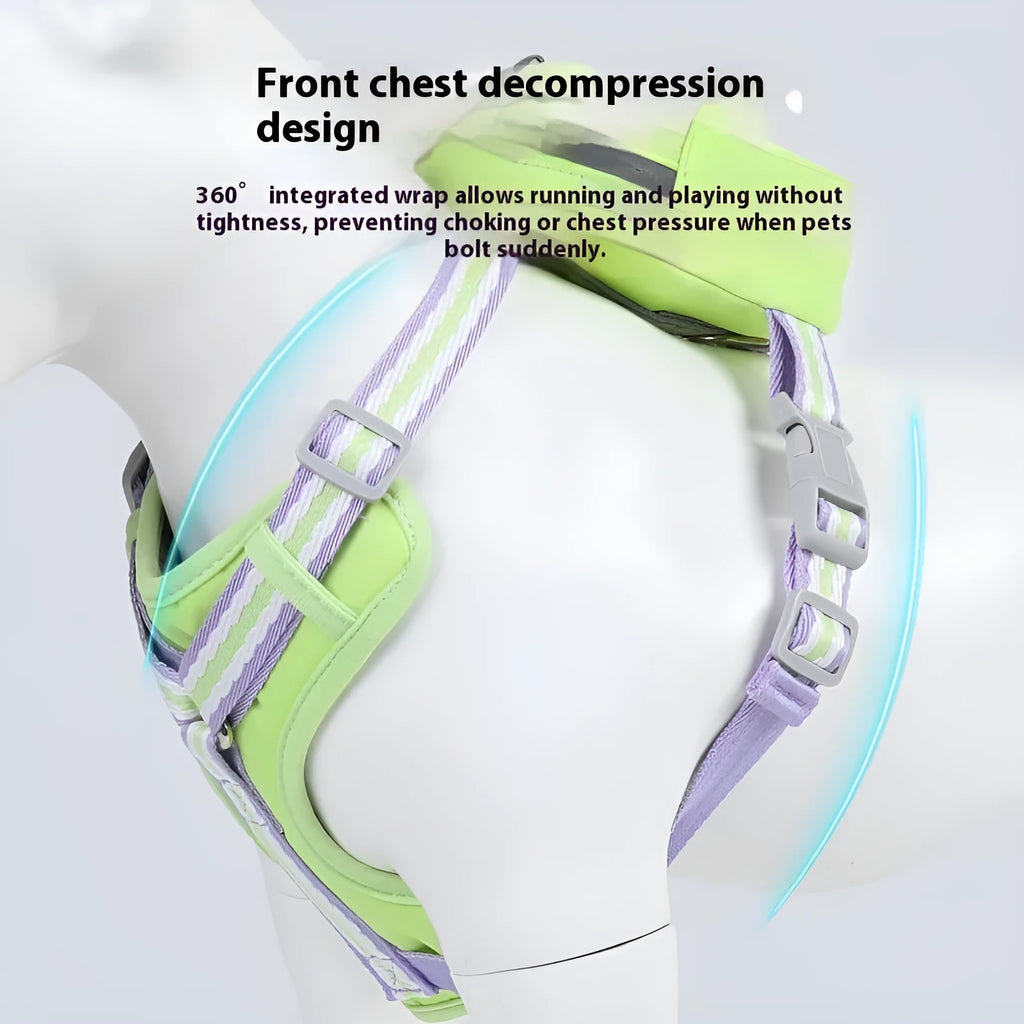 Explosion-proof anti-strangulation dog harness in Oxford cloth with a free 1.5m lead, shown in pink.