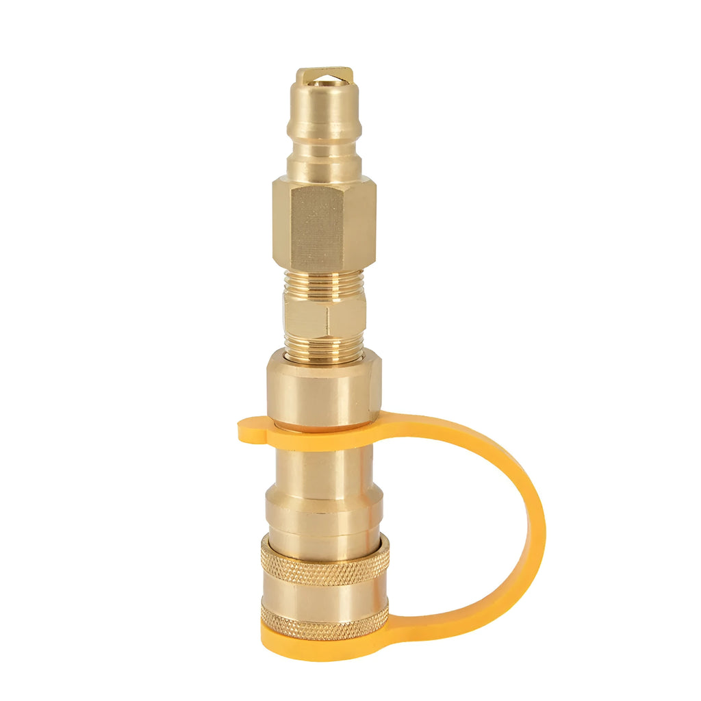 Gold brass gas propane tank charging connector with 3/8 inch American standard threads.