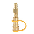 Gold brass gas propane tank charging connector with 3/8 inch American standard threads.