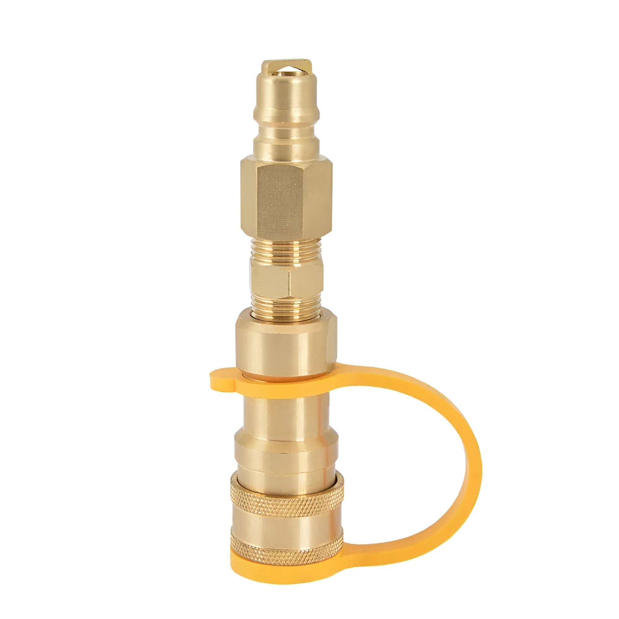 Gold brass gas propane tank charging connector with 3/8 inch American standard threads.