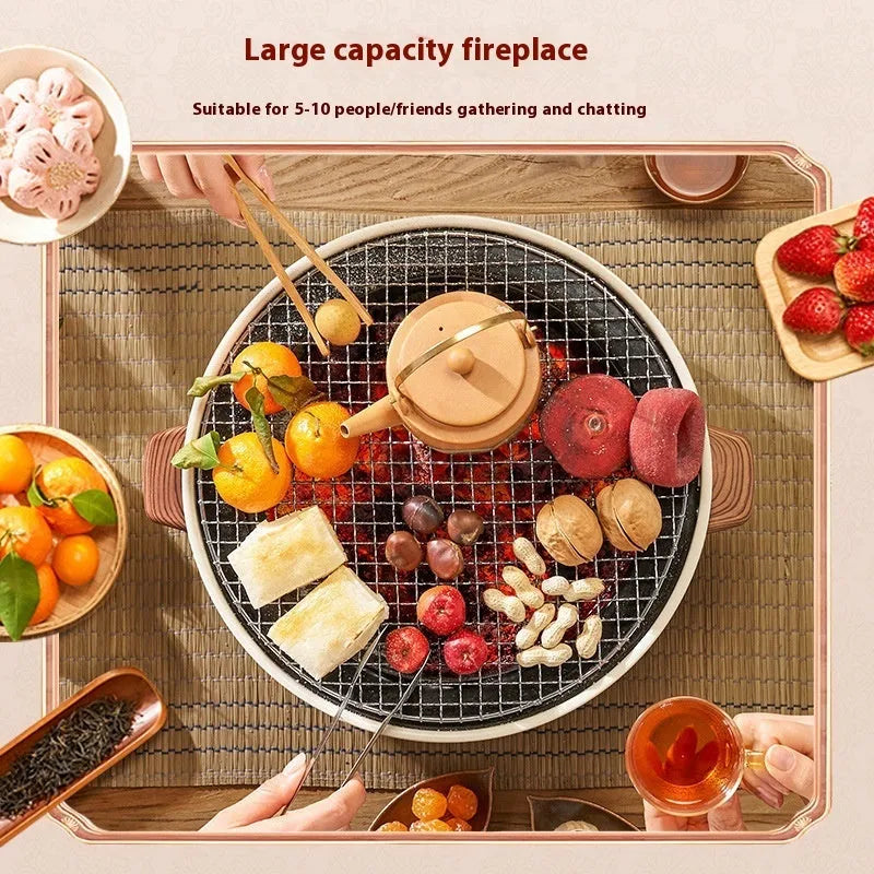 Modern portable charcoal stove with grill rack disk for indoor tea cooking and baking.