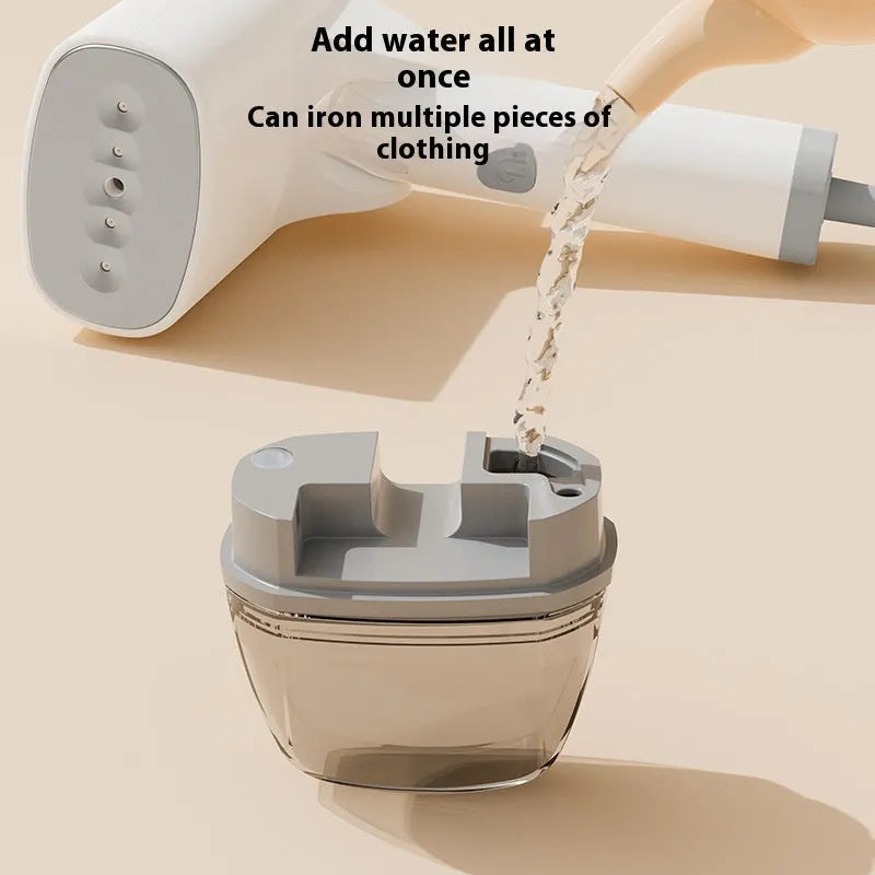 Blue and white handheld garment steamer with steam iron function, showing compact size and water tank