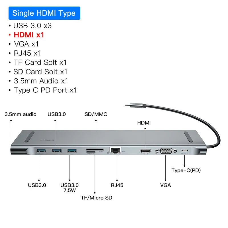 Grey aluminium USB-C docking station with cooling bracket showing ten connectivity ports
