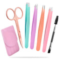 Professional stainless steel eyebrow tweezer set with curved scissors in a leather case